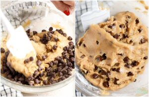 folding chocolate chips into brown butter chocolate chip cookie dough