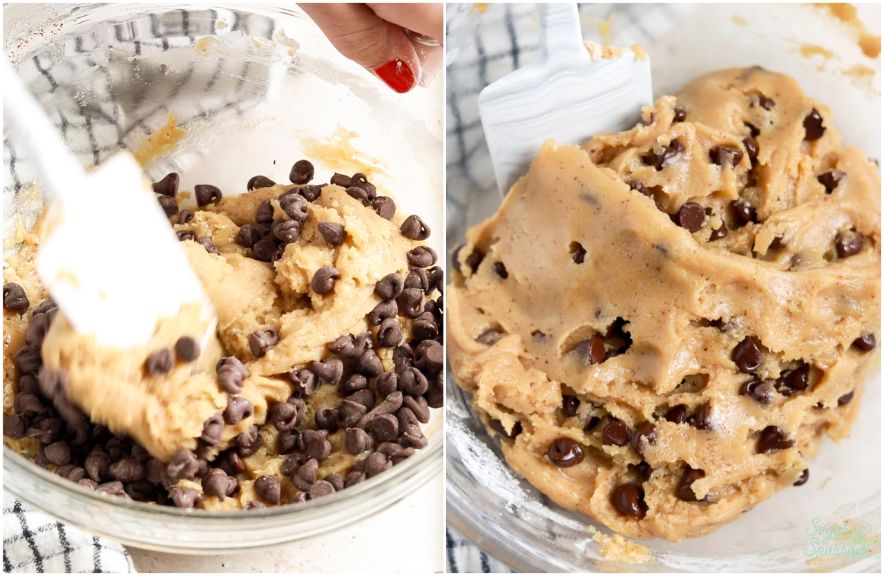 folding chocolate chips into brown butter chocolate chip cookie dough
