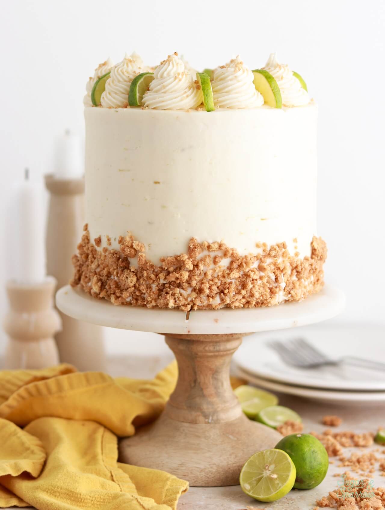 key lime cake recipe on a cake stand