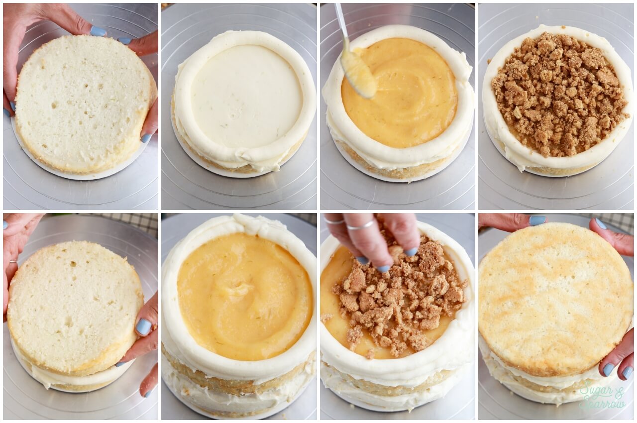 assembling key lime pie layer cake with lime buttercream, key lime curd, and graham cracker clusters