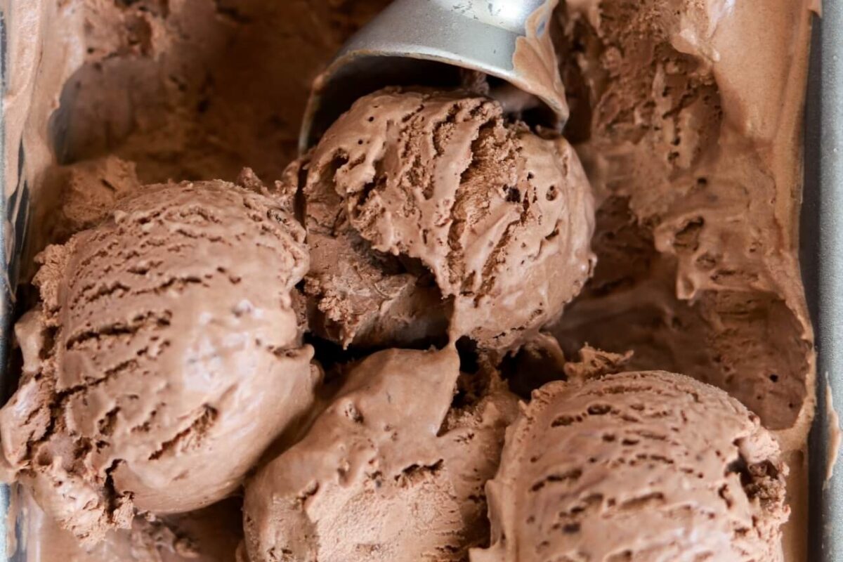 scoops of no churn chocolate ice cream in a loaf pan