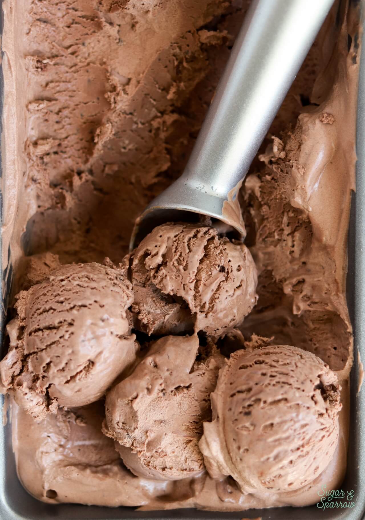 no-churn chocolate ice cream made in a loaf pan