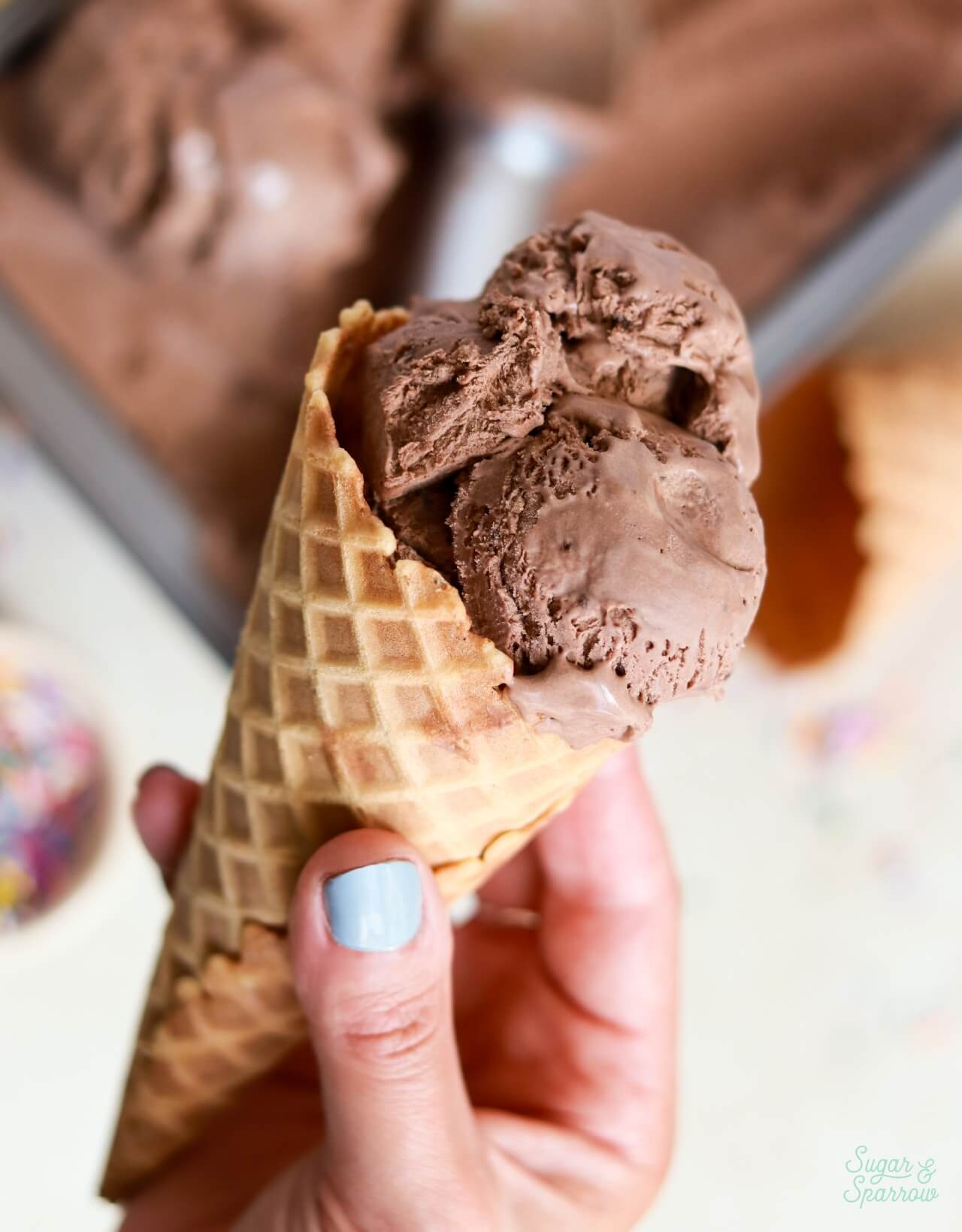 no churn chocolate ice cream in a waffle cone