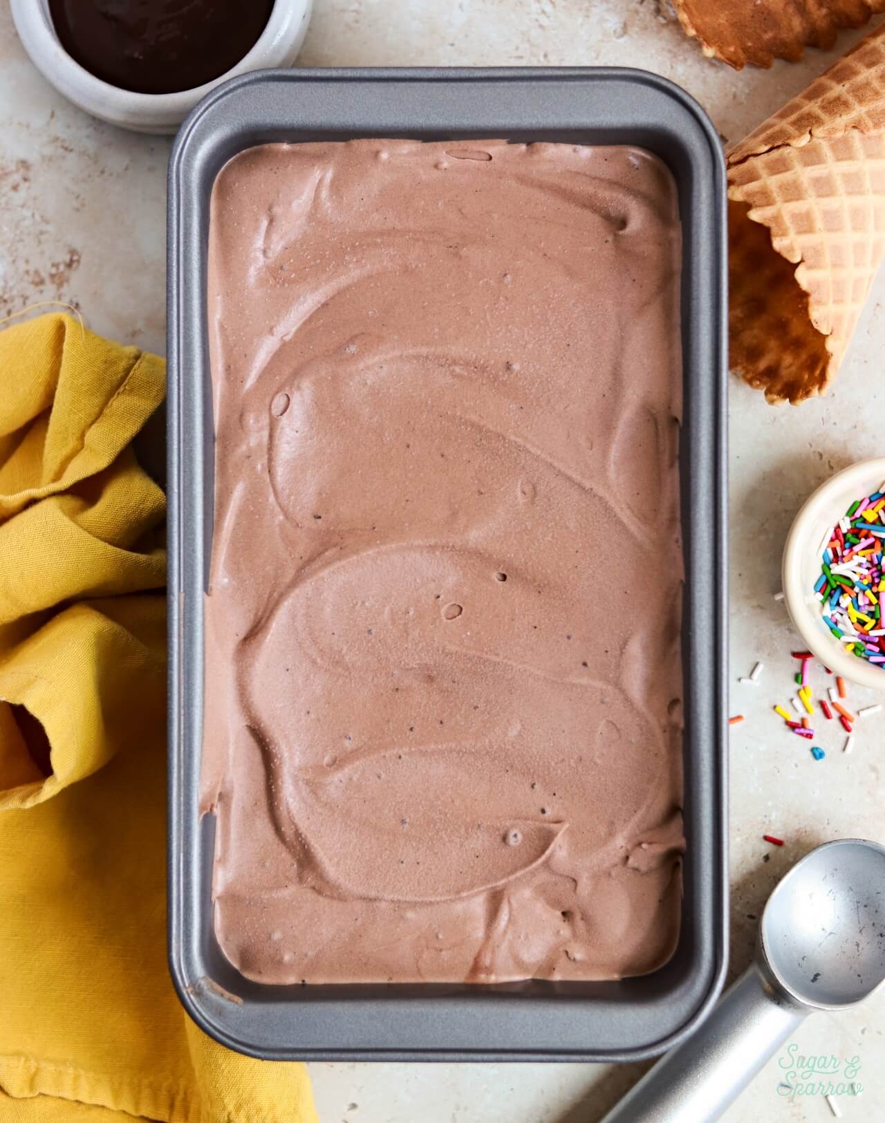 making no churn chocolate ice cream in a loaf pan
