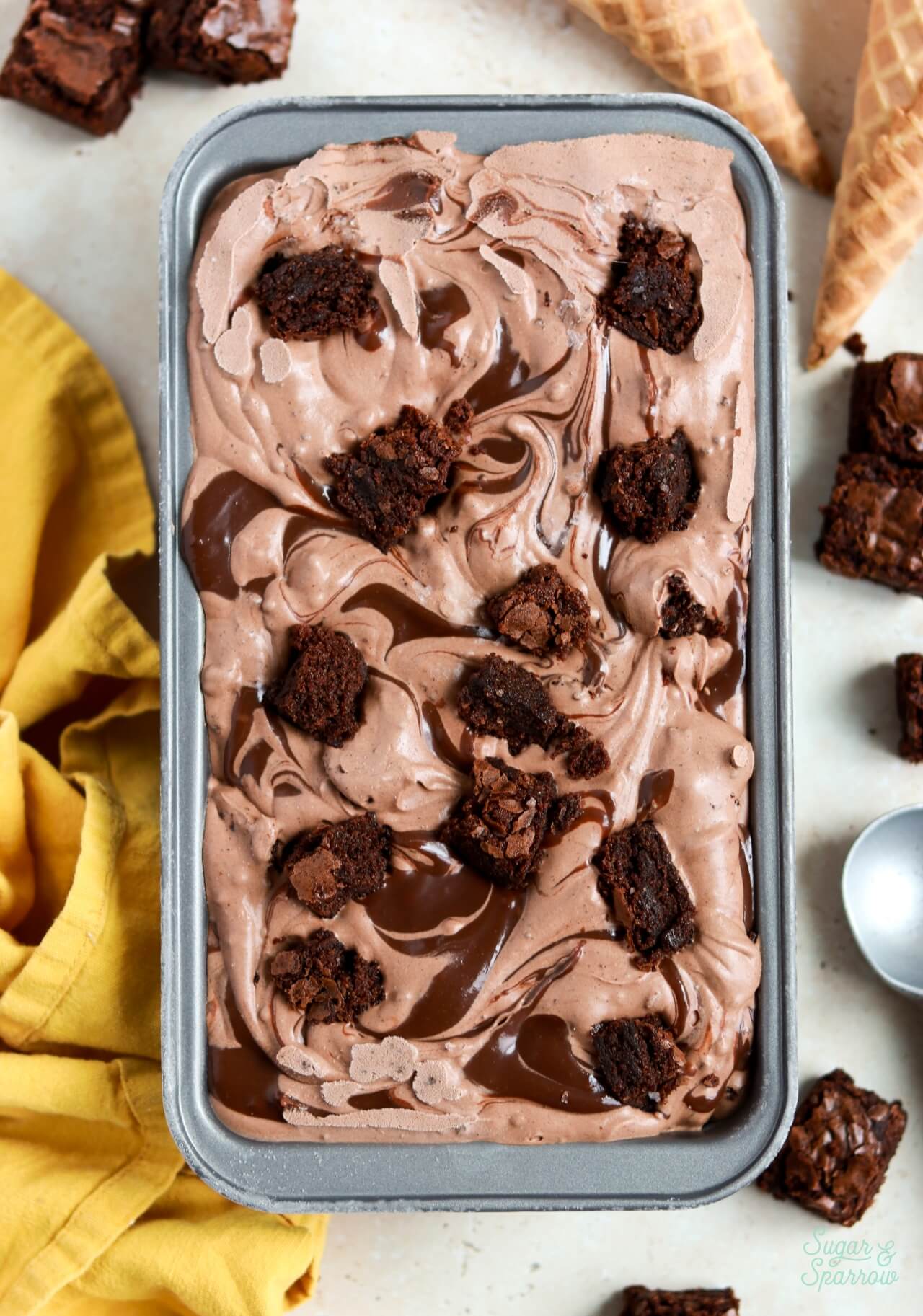 homemade chocolate fudge brownie ice cream recipe in a loaf pan