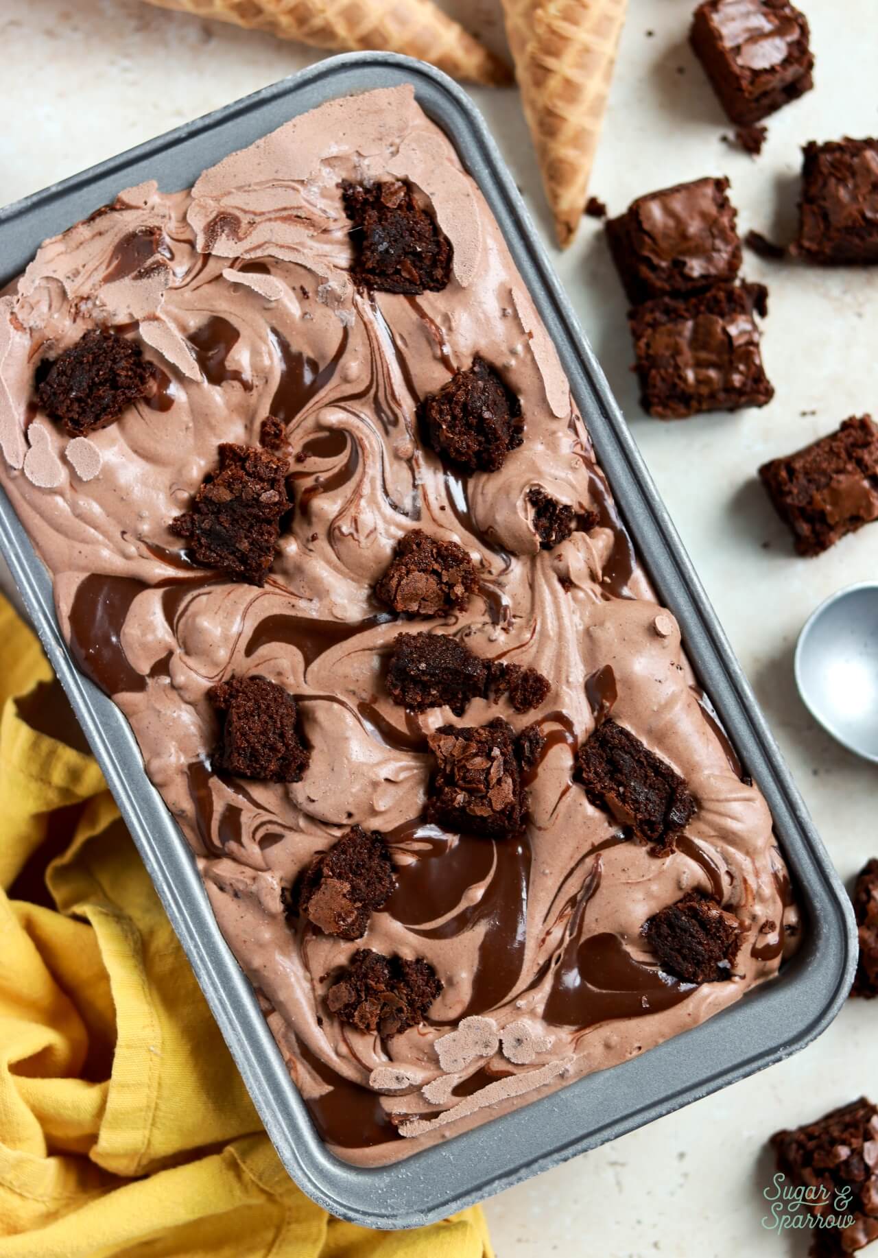 no churn brownie ice cream in a loaf pan