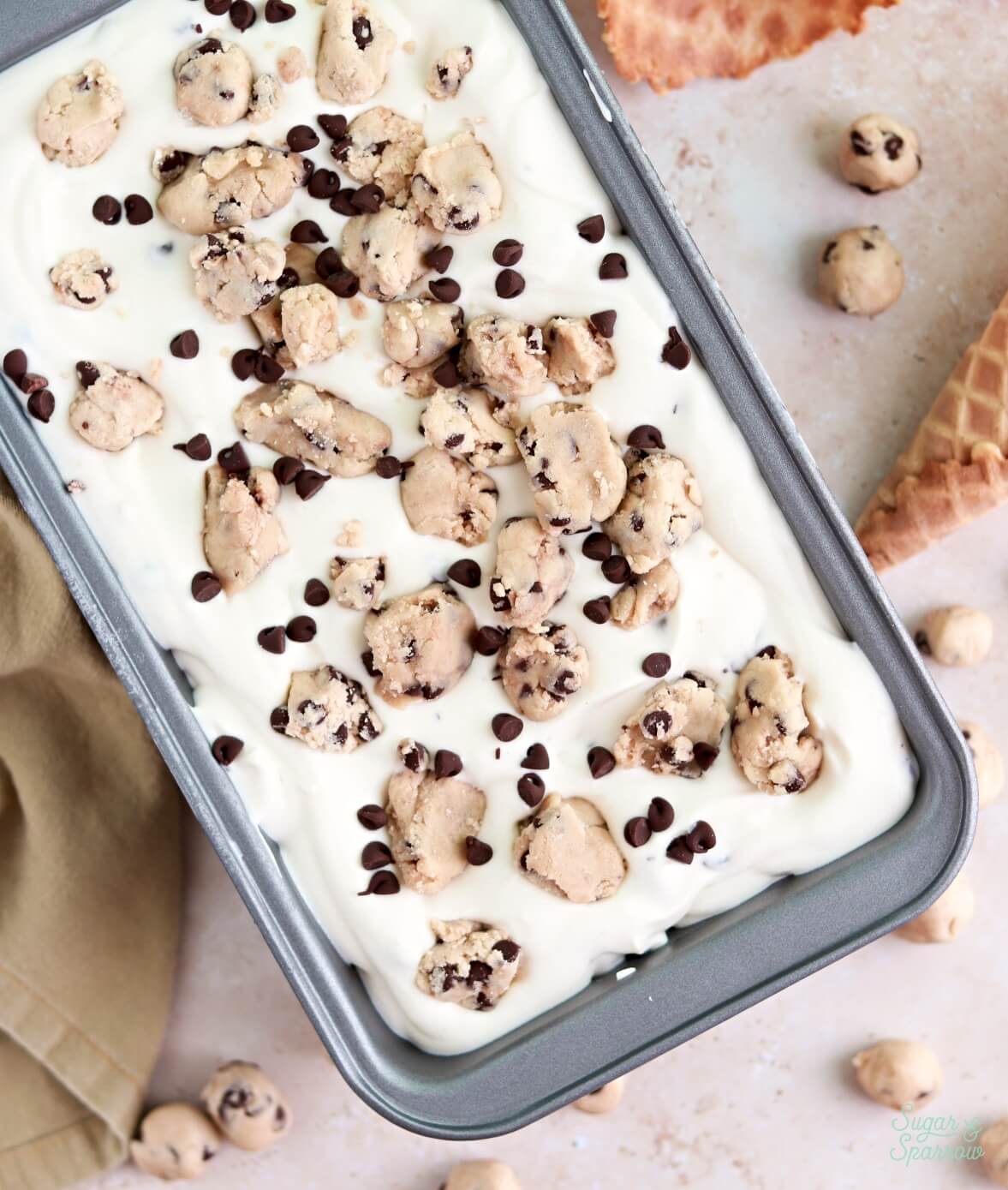 no-churn cookie dough ice cream in a loaf pan