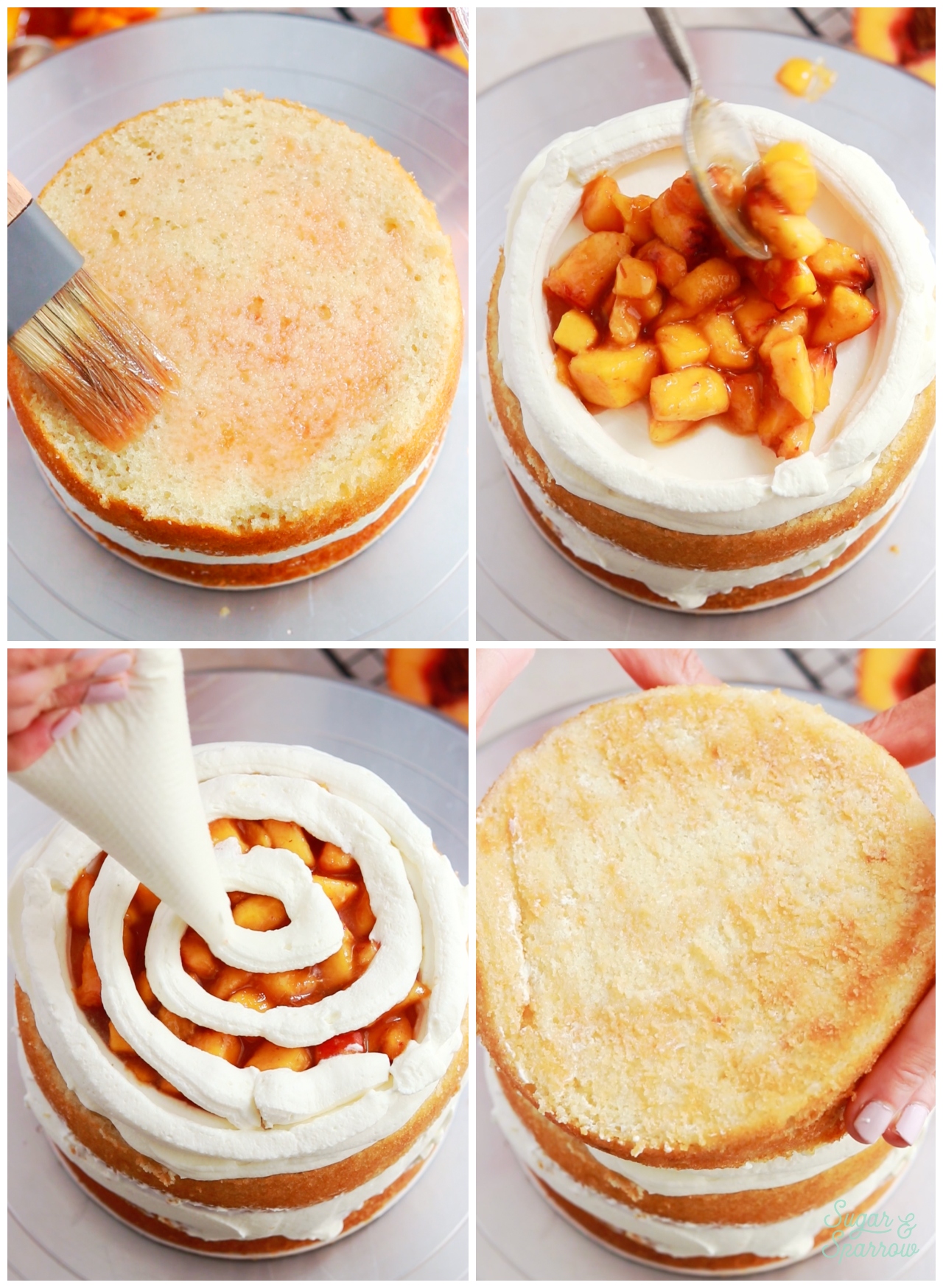 how to assemble peaches and cream cake with whipped cream frosting and fresh peach filling