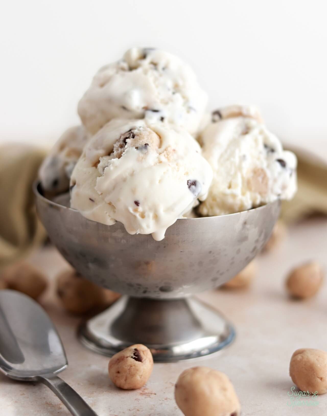 scoops of homemade cookie dough ice cream in a bowl