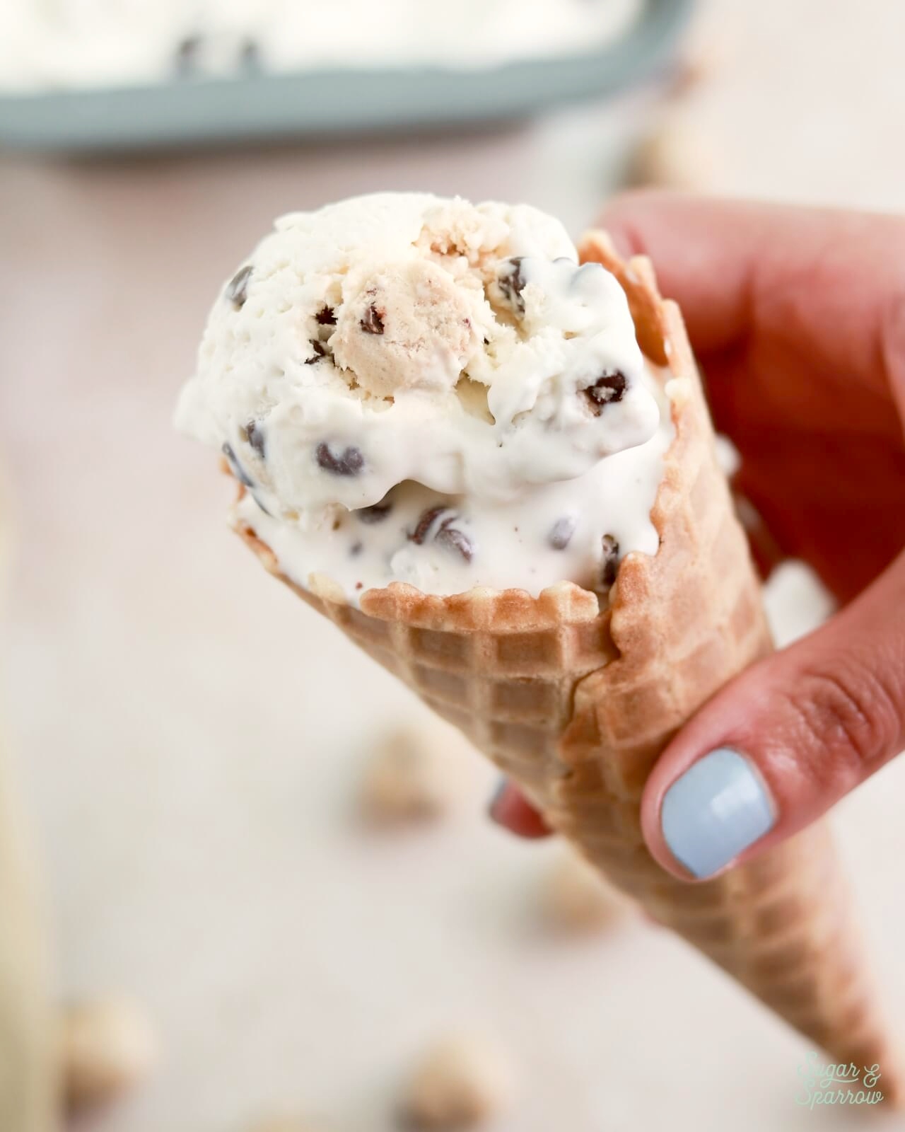 no churn cookie dough ice cream in a waffle cone
