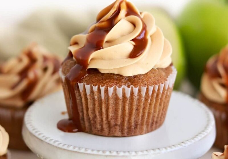 apple cupcakes with salted caramel buttercream and salted caramel topping