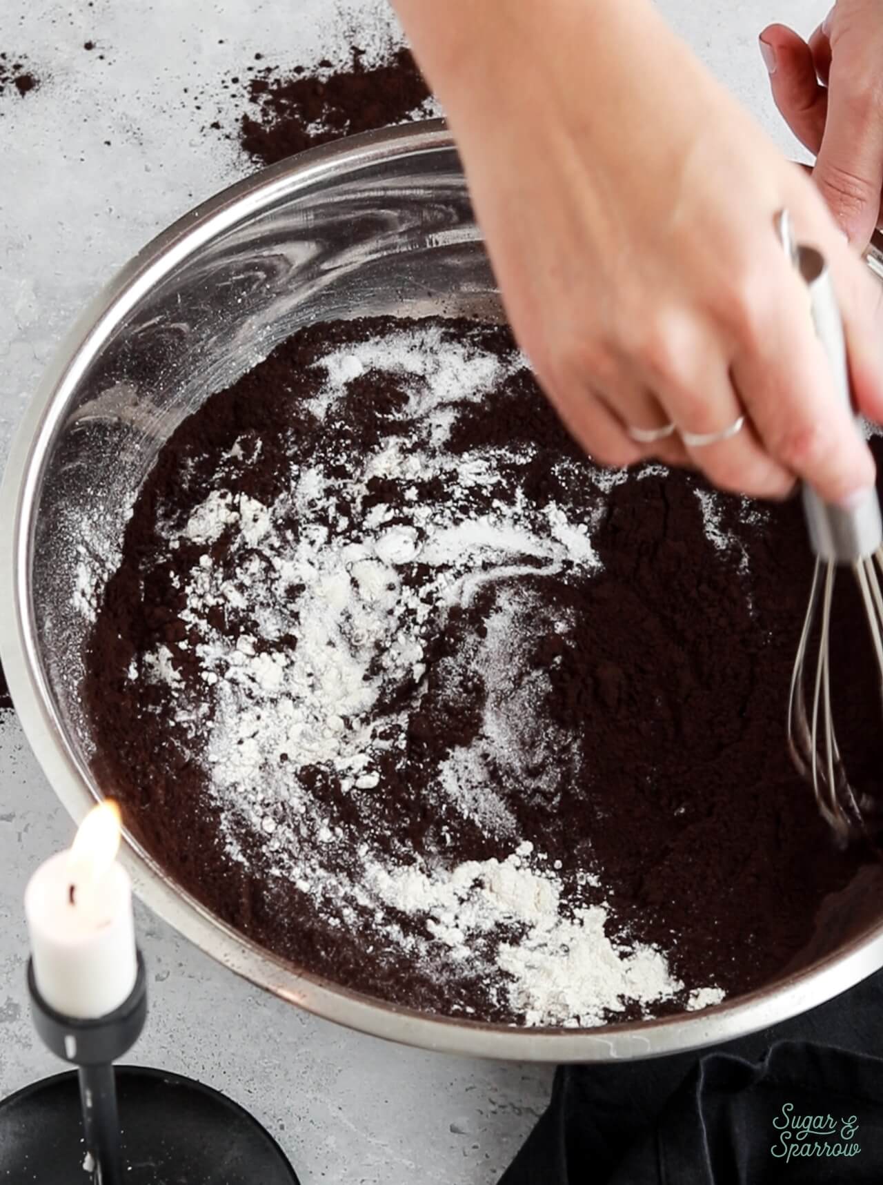 mixing dry ingredients for black velvet cake