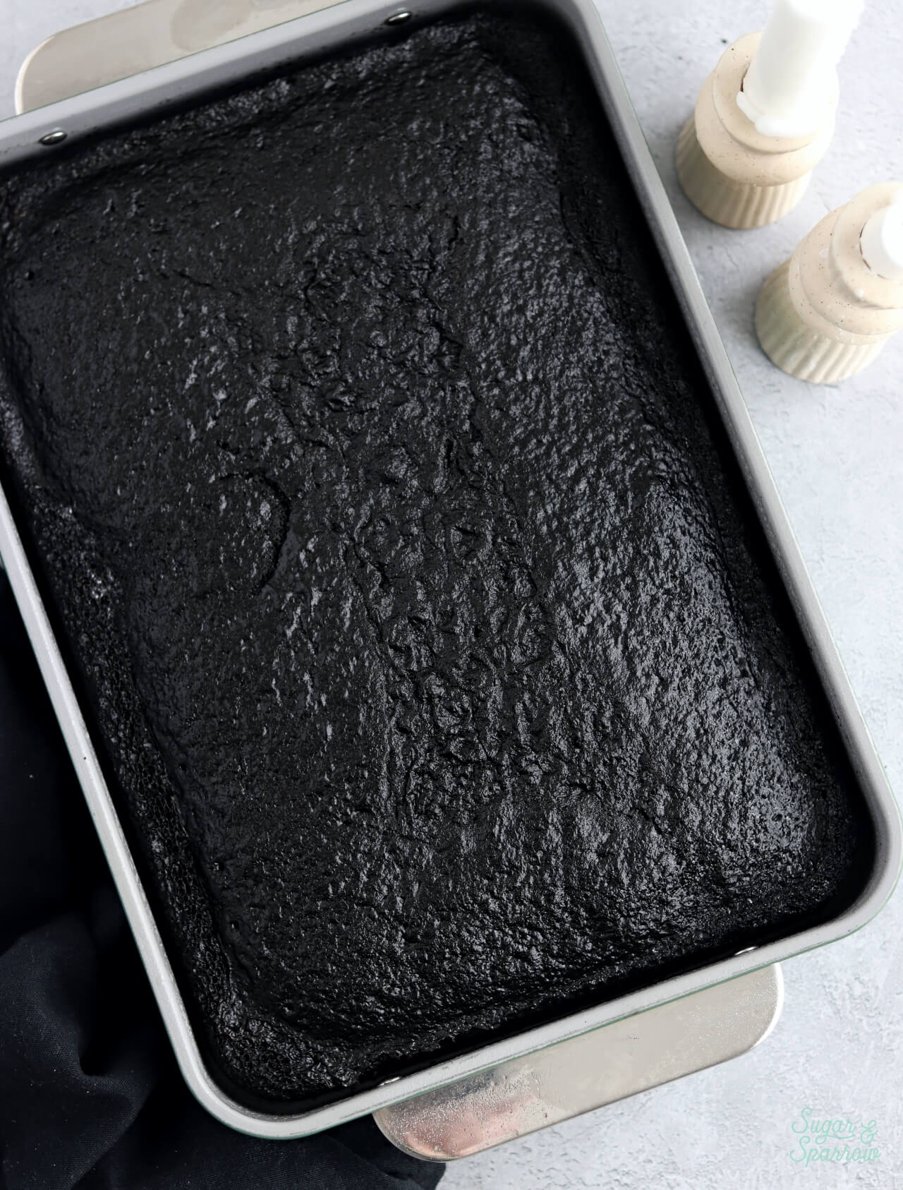 black velvet sheet cake baked in 9x13 pan