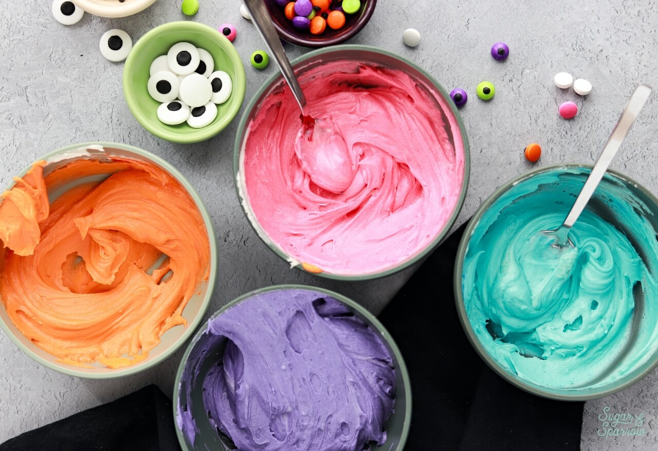 buttercream colors americolor regal purple, sky blue, deep pink, orange