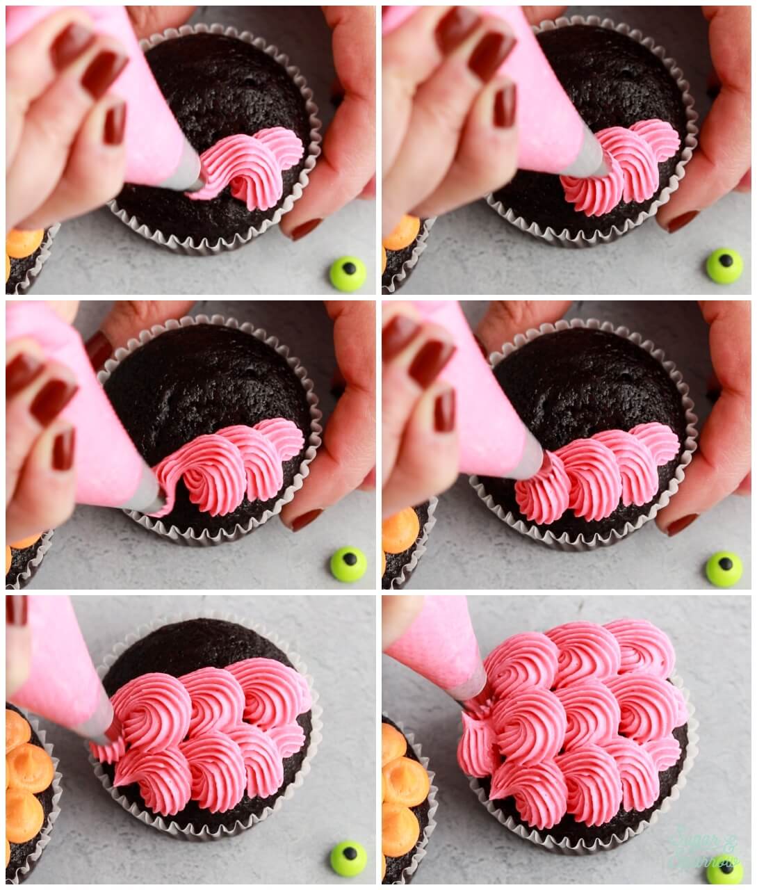 Piping overlapping swirls on cupcake with Wilton 32