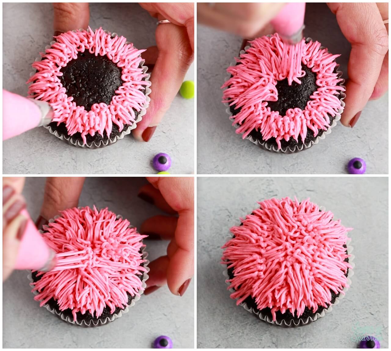 piping shag texture on cupcake with Wilton 233